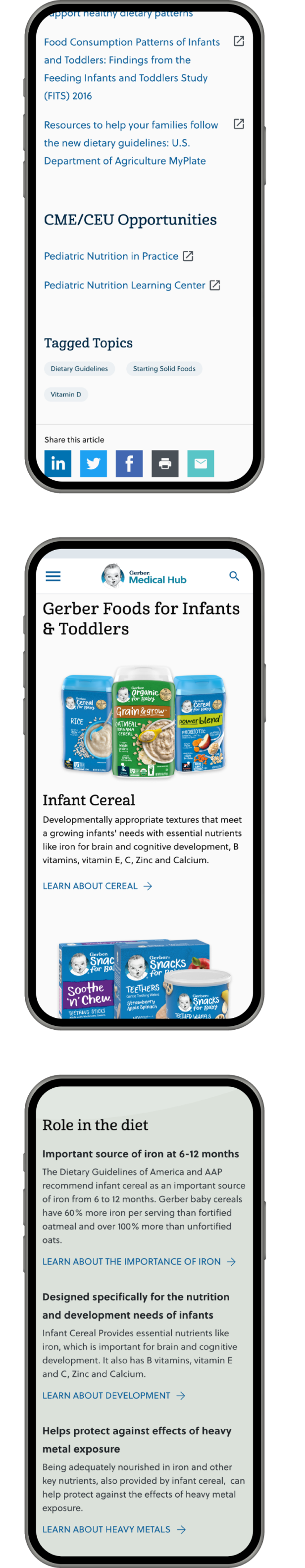 These are mobile screenshots of product pages from the redesigned website, which focus on nutritional information that is important to healthcare professionals.