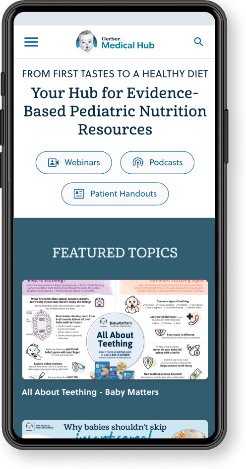 A mobile phone is displaying the redesigned homepage for healthcare professionals, with quick links and featured topic articles.