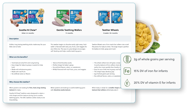 Elements on the redesigned Gerber website product pages focus on nutrition and the quality of healthy ingredients, along with additional info healthcare professionals are interested in.