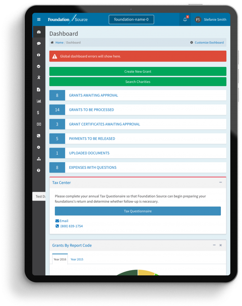 foundation source dashboard screen on a tablet mockup