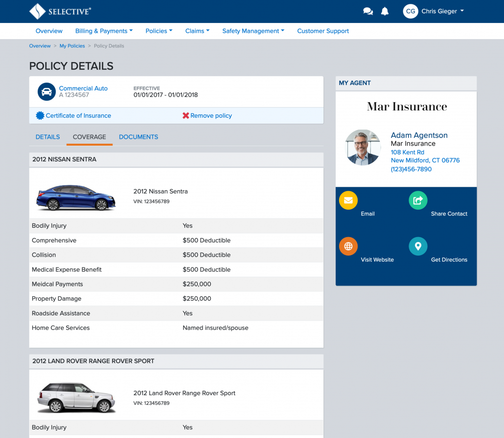 policy details screen with insurance info for the autos