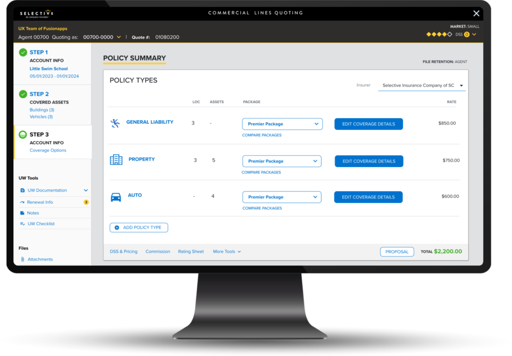 A desktop screen design for Selective Insurance small business policies. The screen features an intuitive policy navigation flow for users to complete applications for quotes and issuing policies.