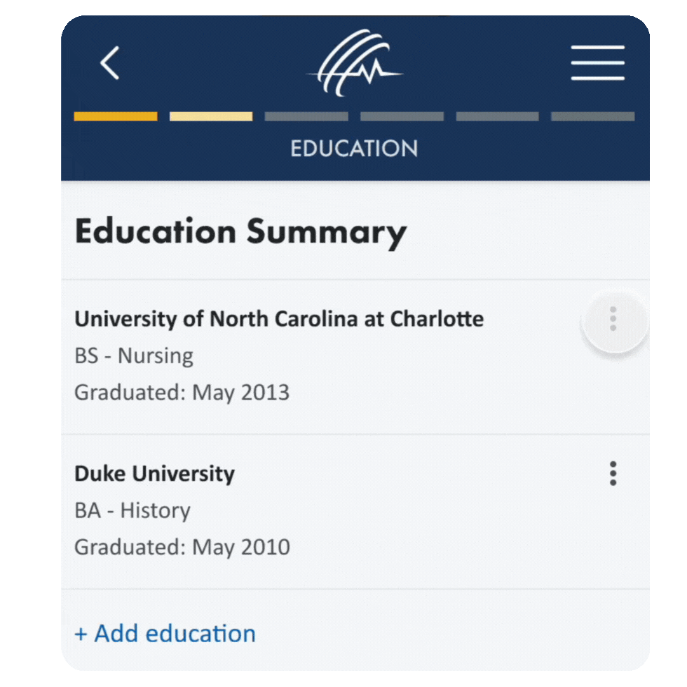 An interactive prototype for a job application screen animating a user swiping to delete an entry from the education summary screen.