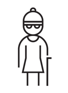 A stick figure of a person wearing glasses and using a cane, which assists them in navigating their environment.