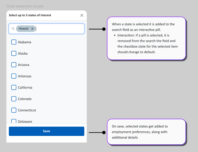 Modal for a state selection dropdown with annotated notes on what should happen when a user interacts with the modal.